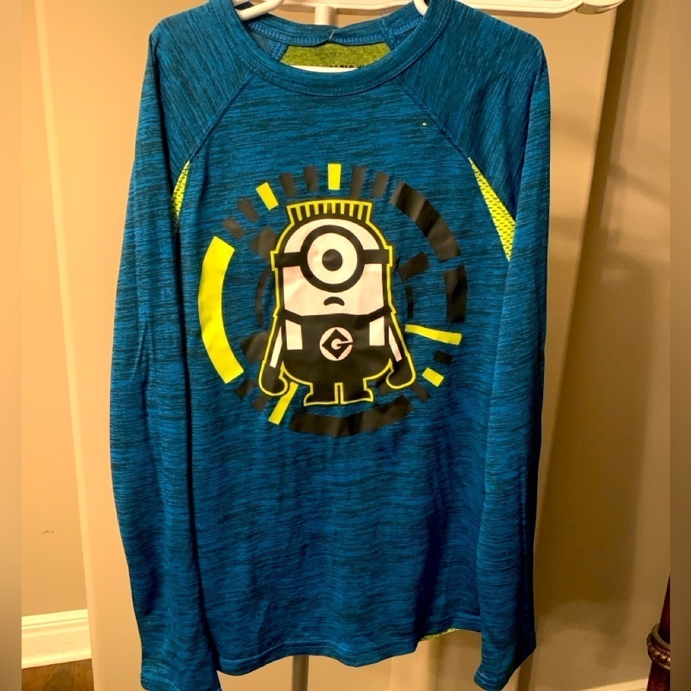 Minion Neon and Teal Long Sleeve, Mesh back shirt. Youth Large, NWT